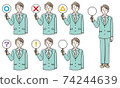 ○ × Male staff answering questions with placards 74244639
