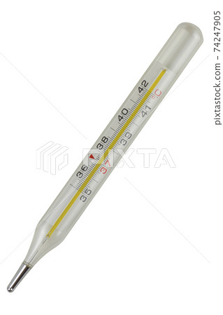 Mercury thermometer in a glass case isolated on a white background. Mercury thermometer in a glass case isolated on a white background. 74247905