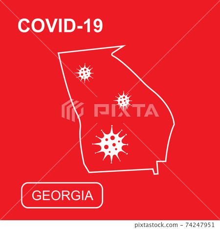 Map of Georgia State labeled COVID-19. White outline map on a red background. 74247951