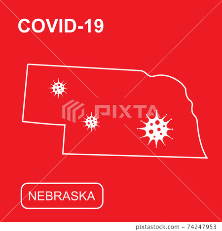 Map of Nebraska State labeled COVID-19. White outline map on a red background. Map of Nebraska State labeled COVID-19. White outline map on a red background. 74247953
