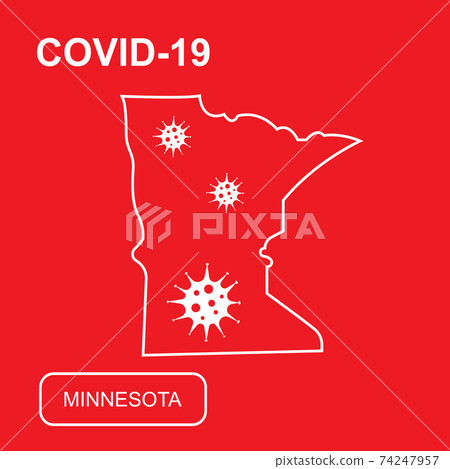 Map of Minnesota State labeled COVID-19. White outline map on a red background. Map of Minnesota State labeled COVID-19. White outline map on a red background. 74247957
