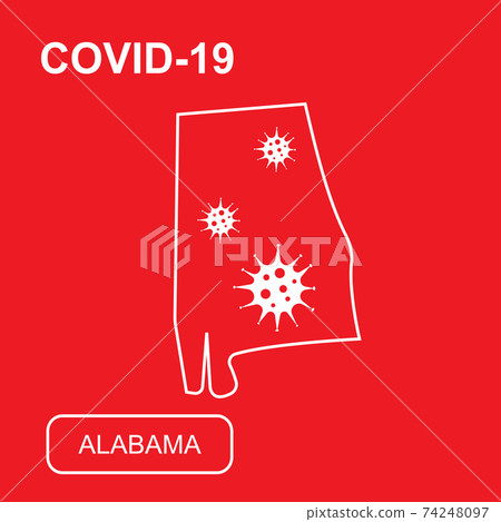 Map of Alabama State labeled COVID-19. White outline map on a red background. Map of Alabama State labeled COVID-19. White outline map on a red background. 74248097