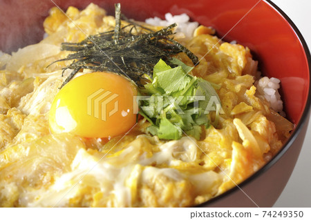 Photographed egg yolk, mitsuba, and egg bowl with chopped seaweed on a white background 74249350