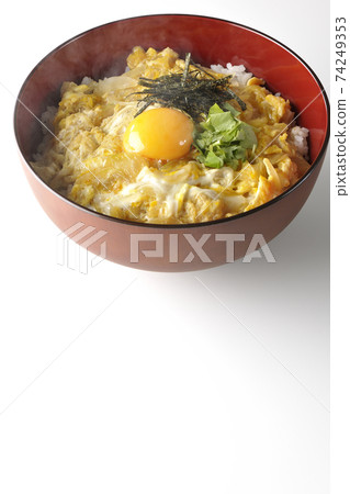 Photographed egg yolk, mitsuba, and egg bowl with chopped seaweed on a white background 74249353