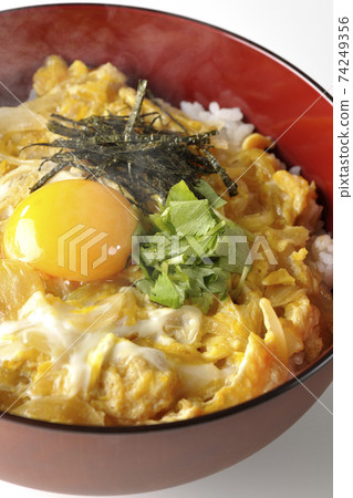 拍攝的蛋黃，mitsuba和雞蛋碗用切碎的海藻在白色背景上 74249356