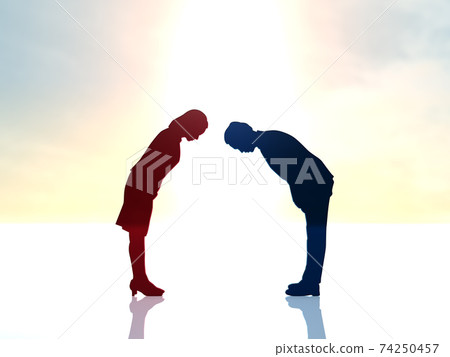 Silhouettes of men and women who bow their heads and greet the whole body CG illustration side 74250457