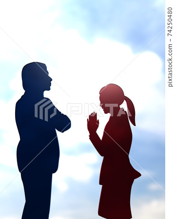 Silhouette of a woman who apologizes to a man who is angry and crosses his arms. CG illustration vertical 74250480