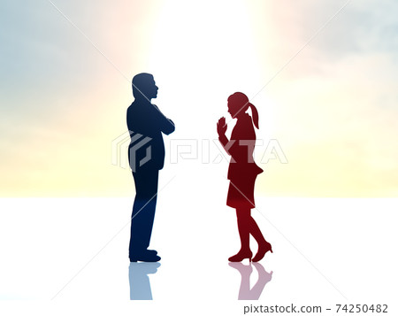 The silhouette of a woman who apologizes to a man who is angry and crosses his arms. 74250482