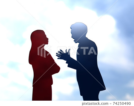 Silhouette of a man who enthusiastically speaks to a woman who is angry and crosses her arms Upper body CG illustration Silhouette of a man who enthusiastically speaks to a woman who is angry and crosses her arms Upper body CG illustration 74250490