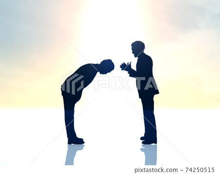 一個人低下頭,向一個生氣而熱情的人道歉的輪廓。 一個人低下頭,向一個生氣而熱情的人道歉的輪廓。 74250515