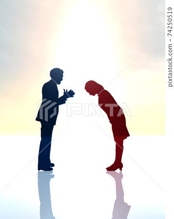 Silhouette of a woman who bows her head and apologizes to a man who is angry and enthusiastic 74250519