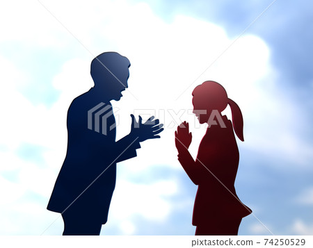 一個女人的剪影上身CG插圖向向一個生氣和熱情的男人道歉 一個女人的剪影上身CG插圖向向一個生氣和熱情的男人道歉 74250529