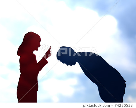 一個男人的剪影上身CG插圖向向生氣和熱情的女人道歉 一個男人的剪影上身CG插圖向向生氣和熱情的女人道歉 74250532