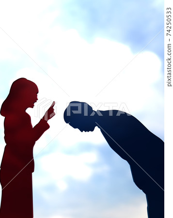 鞠躬他的頭並且向惱怒和熱心的婦女道歉一個男人的剪影CG例證垂直 鞠躬他的頭並且向惱怒和熱心的婦女道歉一個男人的剪影CG例證垂直 74250533
