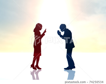向生氣和熱情的女人道歉的男人的輪廓。 向生氣和熱情的女人道歉的男人的輪廓。 74250534