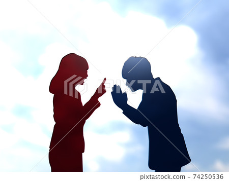 一個男人的剪影上身CG插圖向向生氣和熱情的女人道歉 一個男人的剪影上身CG插圖向向生氣和熱情的女人道歉 74250536