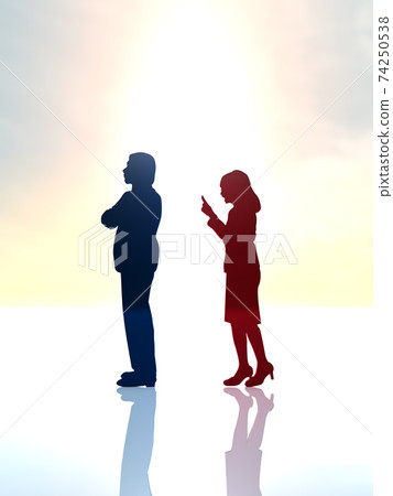 Silhouette of a woman who enthusiastically speaks to a man who is angry and turns to the back CG illustration vertical Silhouette of a woman who enthusiastically speaks to a man who is angry and turns to the back CG illustration vertical 74250538