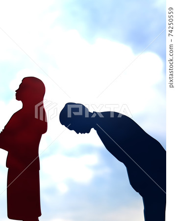 A man's silhouette upper body CG illustration vertical that apologizes to a woman who is angry and looks back A man's silhouette upper body CG illustration vertical that apologizes to a woman who is angry and looks back 74250559