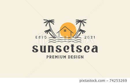 beach hut with coconut tree sunset logo vector icon symbol design graphic illustration 74253269