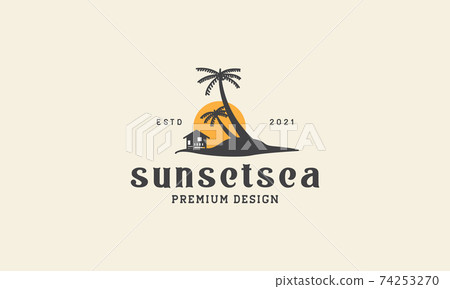 hut with coconut tree sunset logo vector icon symbol design graphic illustration 74253270