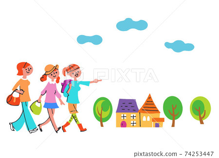 Three women walking and a house Three women walking and a house 74253447