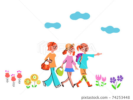 Three women walking in the flower field with a smile 74253448