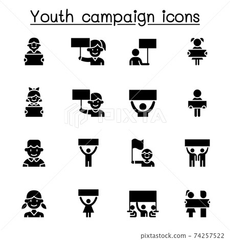 Youth campaign related vector icons. contains such Icons as banner, placard, advertising, teen, protest, demand, boy, girl, poster, youth day and more. 74257522