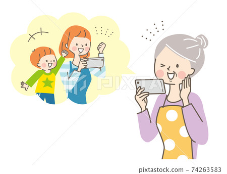 Senior women, daughters and grandchildren talking on smartphones 74263583