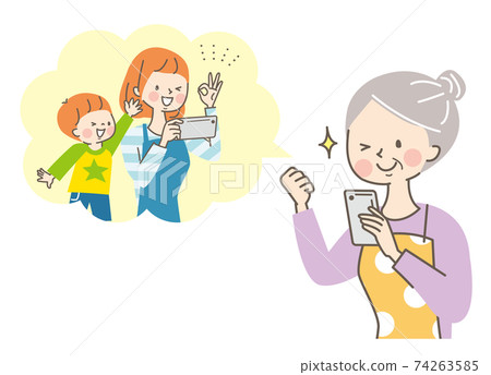 Senior woman talking to her daughter and grandson on her smartphone 74263585