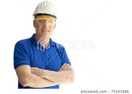 Engineer worker foreman standing arm crossed isolated looking camera smiling on white background with clipping path Engineer worker foreman standing arm crossed isolated looking camera smiling on white background with clipping path 74263986