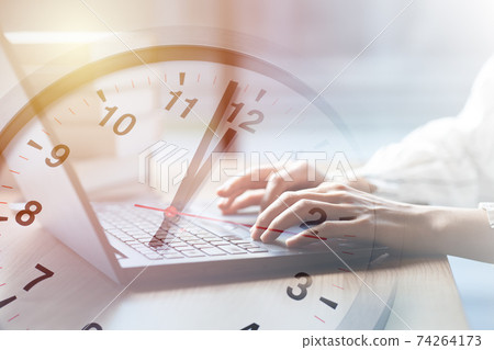 Business working times concept people work typing on laptop computer overlay with in time clock to lunch break 74264173