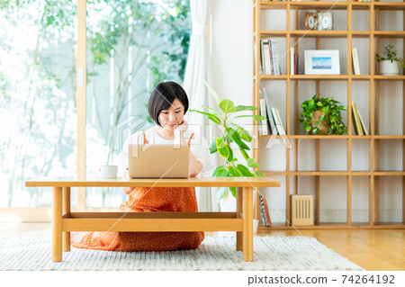 Young woman using a computer in the living room 74264192