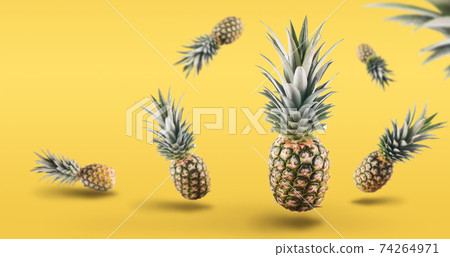 Flying in air fresh ripe Pineapple with leaves isolated on the yellow background. Flying in air fresh ripe Pineapple with leaves isolated on the yellow background. 74264971