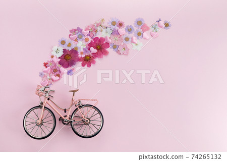 Flowers fly out from pink bicycle bascet on pink background. Romanitic concept for Valentine day, women or mother day. Flowers fly out from pink bicycle bascet on pink background. Romanitic concept for Valentine day, women or mother day. 74265132