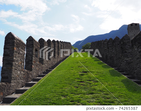 Flanking and grass in castel grande in Bellinzona city in Switzerland Flanking and grass in castel grande in Bellinzona city in Switzerland 74265387