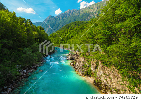 Stunning Soca river in the deep canyon near Kobarid, Slovenia 74265729