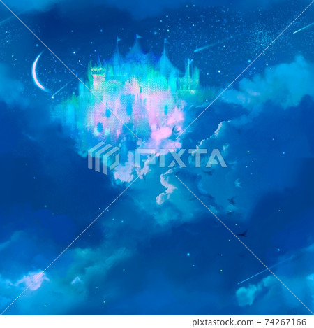 Colorful Gothic old castle towering above the clouds and a shining crescent pattern Colorful Gothic old castle towering above the clouds and a shining crescent pattern 74267166