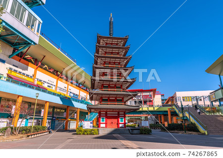 View of Kanagawa cityscape in Japan, such as Ebina Central Park (seven-storied pagoda) in front of Ebina Station View of Kanagawa cityscape in Japan, such as Ebina Central Park (seven-storied pagoda) in front of Ebina Station 74267865