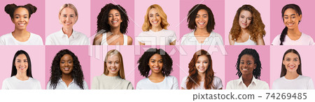 Portraits of multiethnic women over pink, collage 74269485