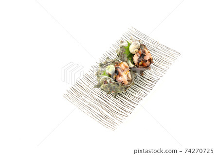 Two sashimi of turban shell, square plate, white background, character space 74270725