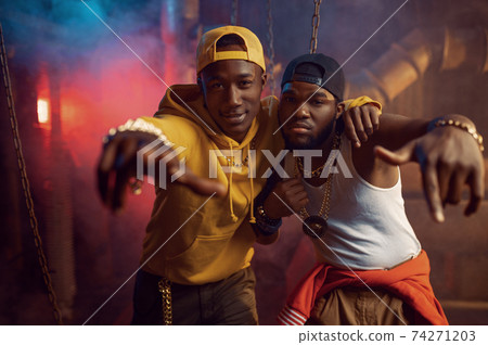 Two young rappers, breakdancing in studio Two young rappers, breakdancing in studio 74271203