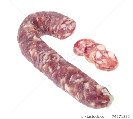 Homemade pork dried cured sausage on white background Homemade pork dried cured sausage on white background 74271823