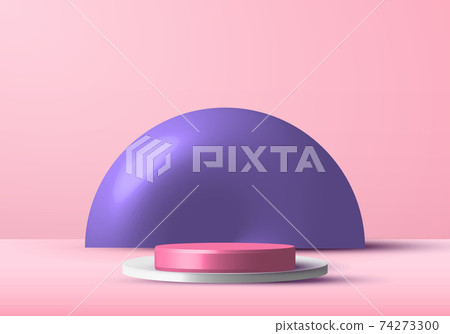 3D realistic pink and white rendering podium studio stage for display showcase with purple circle background. 3D realistic pink and white rendering podium studio stage for display showcase with purple circle background. 74273300