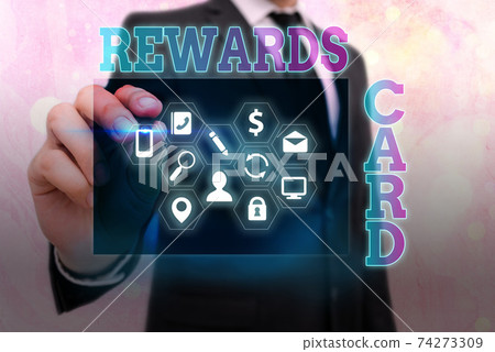 Writing note showing Rewards Card. Business photo 74273309