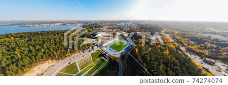 Aerial panoramic view to Lahti city and sports centre at autumn morning, Finland Aerial panoramic view to Lahti city and sports centre at autumn morning, Finland 74274074