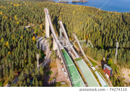 Aerial view of Lahti sports centre with three ski jump towers. Aerial view of Lahti sports centre with three ski jump towers. 74274110