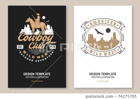 Cowboy club poster, flyer. Ranch rodeo. Vector. Concept for shirt, logo, print, stamp, tee with cowboy and shotgun. Vintage typography design with american canyon silhouette 74275705