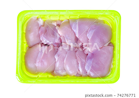 Fresh raw pink eco chicken fillet for cooking on white plate. Studio Photo 74276771