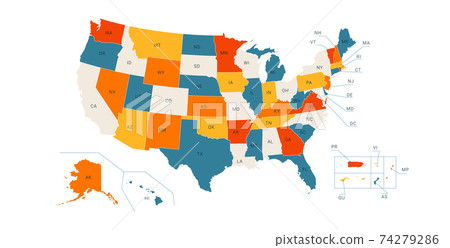 Colored Political US Map with titles of the states. All USA regions are separated and named in a layer panel. 74279286
