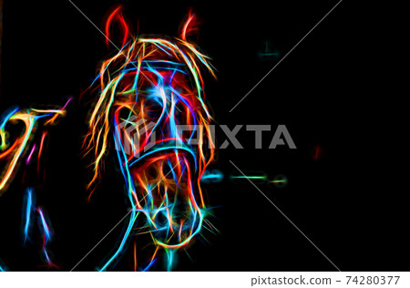 Silhouette of a horse in neon treatment. A stylish screen saver with an animal theme. Silhouette of a horse in neon treatment. A stylish screen saver with an animal theme. 74280377